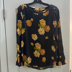 LOFT Black Blouse with Orange Floral Pattern
